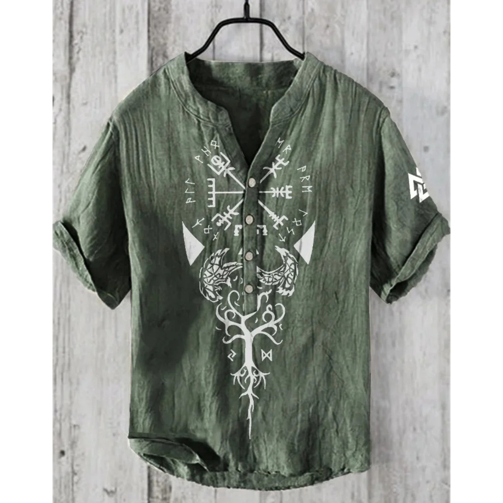 Camisa Masculina Estilo Étnico Impressão 3D Viking Moda Plus Size Botão Gola De Manga Curta Roupas Masculinas Rápido 9IJ