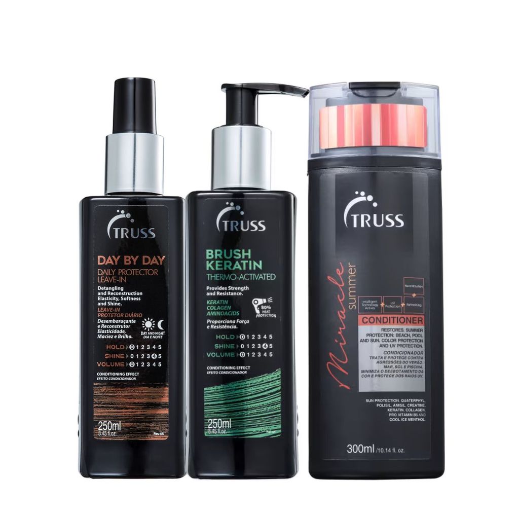Kit Condicionador Miracle Summer Truss 300ml + Day By Day Truss 250ml + Brush Keratin Truss 250ml