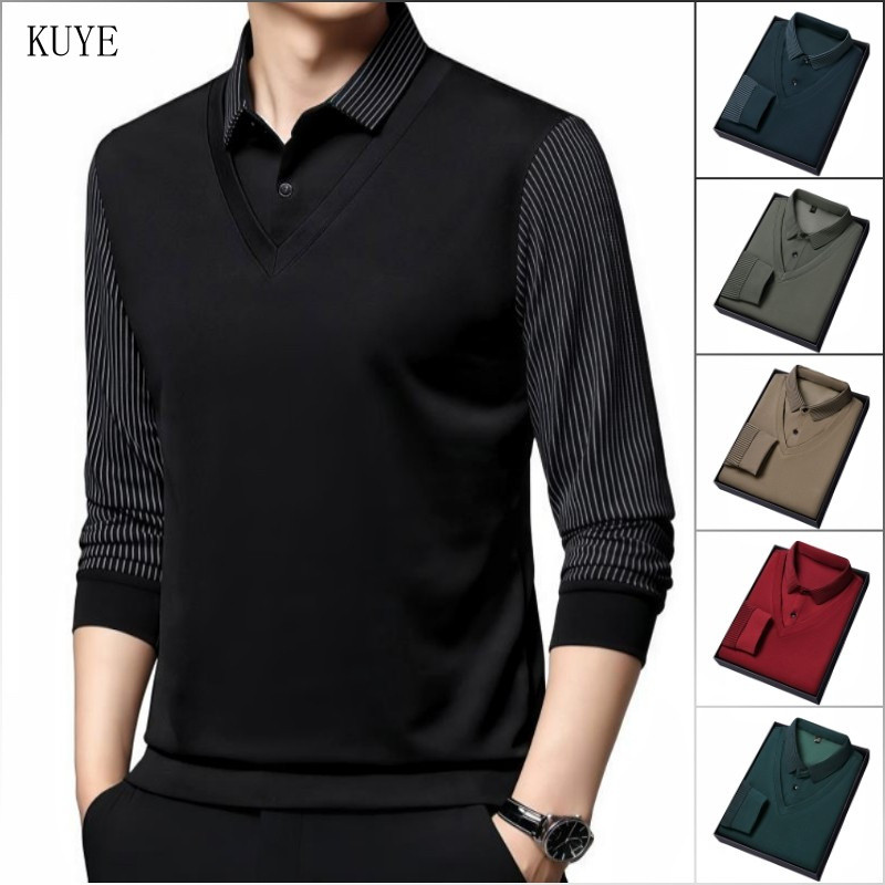 Camisa Polo Listrada de Manga Longa Slim Fit para Homens, Tamanho Grande, Camisa Casual de Negócios NXRO