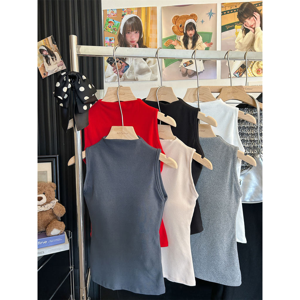 Colete térmico de gola meia alta lixado feminino outono inverno alça interna almofada no peito sem mangas Slim-fit simpl