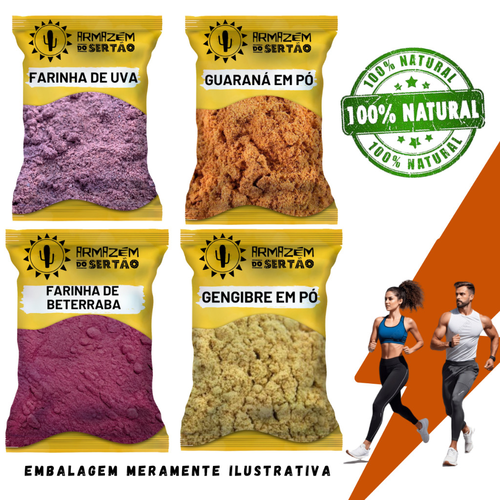 Combo Pré Treino Natural Farinha De beterraba + Farinha de uva + Guarana Em Pó + Gengibre Em Pó (100GR DE CADA)