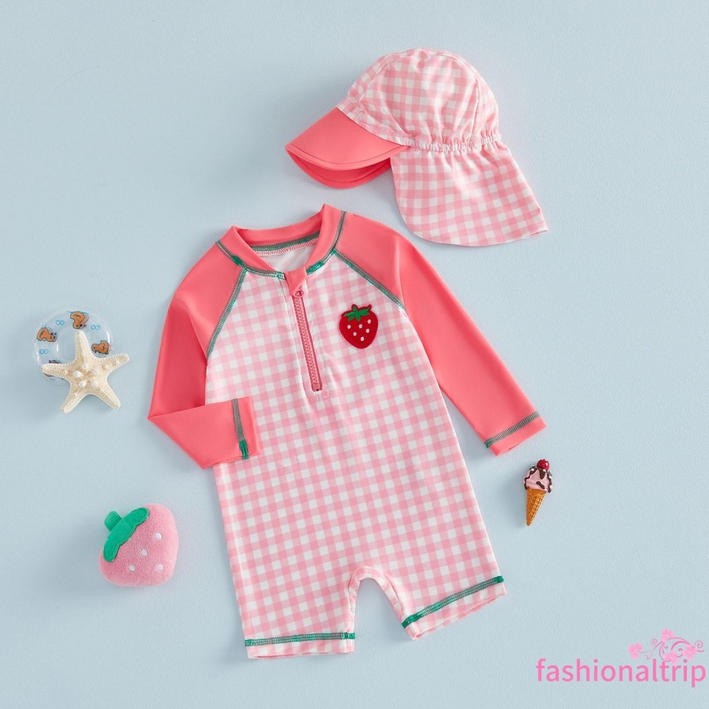 [FaSh] Maiô Infantil Feminino Rash Guard Morango Bordado Xadrez Estampado Manga Comprida Com Chapéu De Sol
