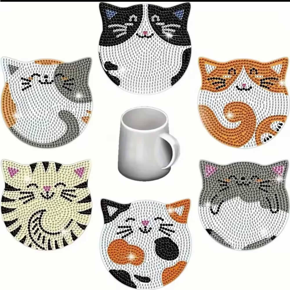 KIT Pintura Diamante Diy Porta Copos 6 Pç - GATINHOS FOFOS