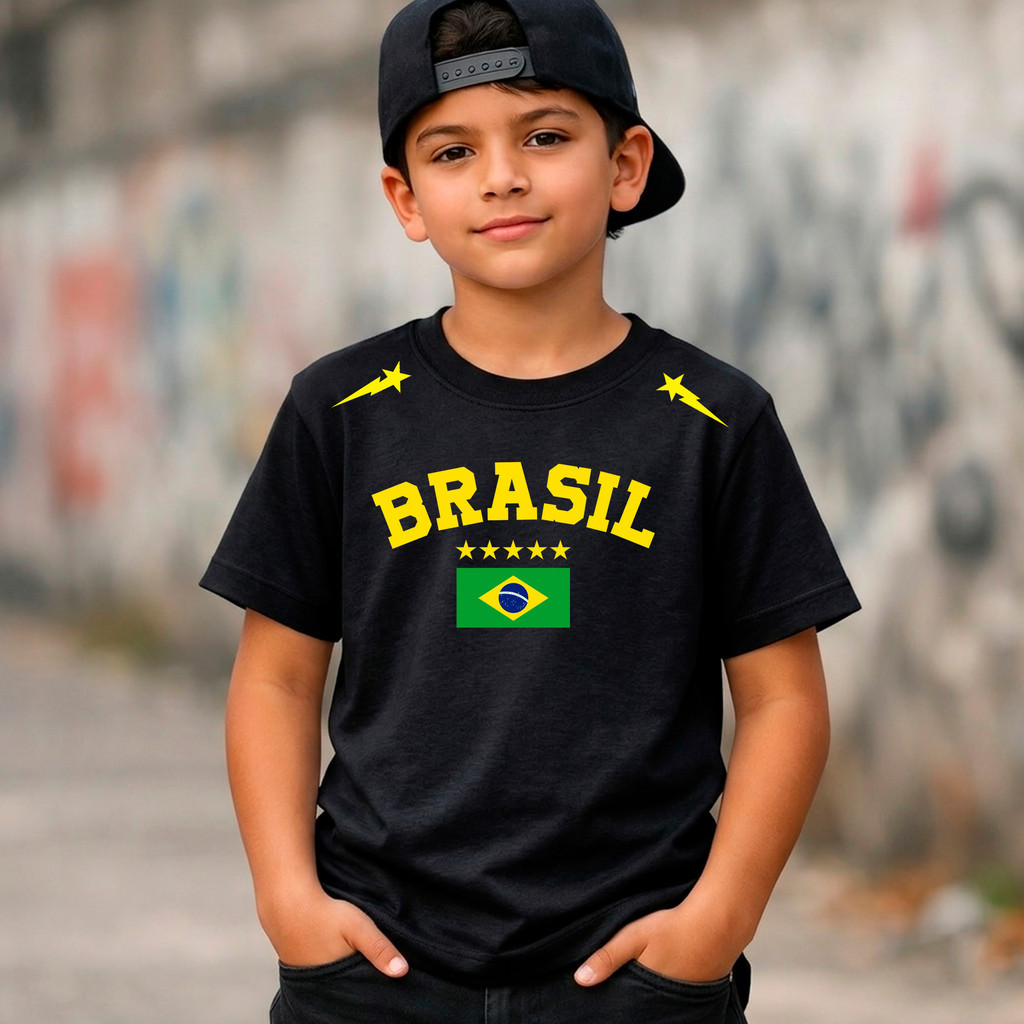 Camiseta Menino 100% Algodão Preta Estampa Bandeira do Brasil Copa Futebol Hexa Unissex Trend Tendencia