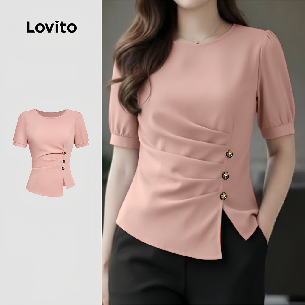 Lovito Elegante Blusa Casual Feminina Rosa Botão Plissado Primavera/Verão L183ED