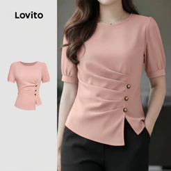 Lovito Elegante Blusa Casual Feminina Rosa Botão Plissado Primavera/Verão L183ED009