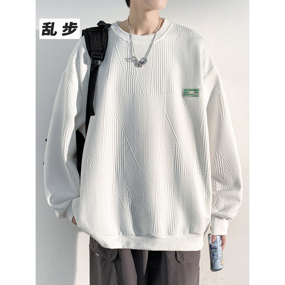 320g pesado camiseta de manga comprida masculina Waffle Jacquard solto camisa de fundo cor sólida Casual All-Match S