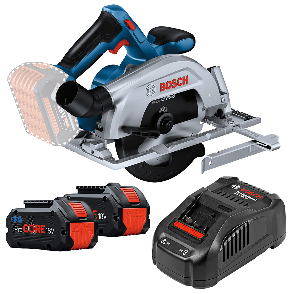 Serra Circular 6.1/2" (165mm) GKS 185-LI + 2 Baterias 18V 8Ah ProCORE e Carregador de Bateria GAL 1880 CV (220V) Bosch