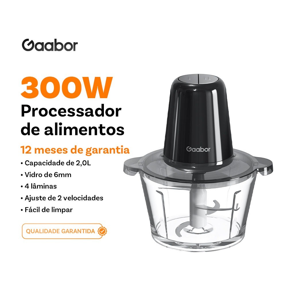 Gaabor Processador Alimentos 2L 4 Lâminas Aço Triturador Carne Legumes Vidro Elé