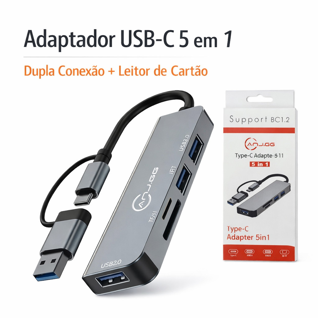 Hub USB C 5 em 1 Dupla Conexão com HDMI e USB 3.0 Adaptador Multiporta