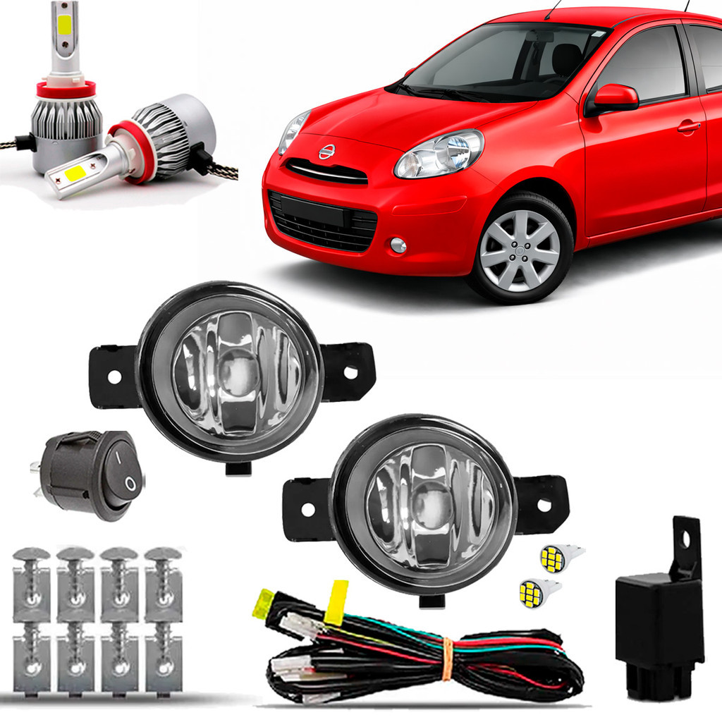Kit farol de Milha Farolete Cibie Neblina Completo Nissan March 2006 2007 2008 2009 2010 11 12 13 14 15 16 Super Led 8K