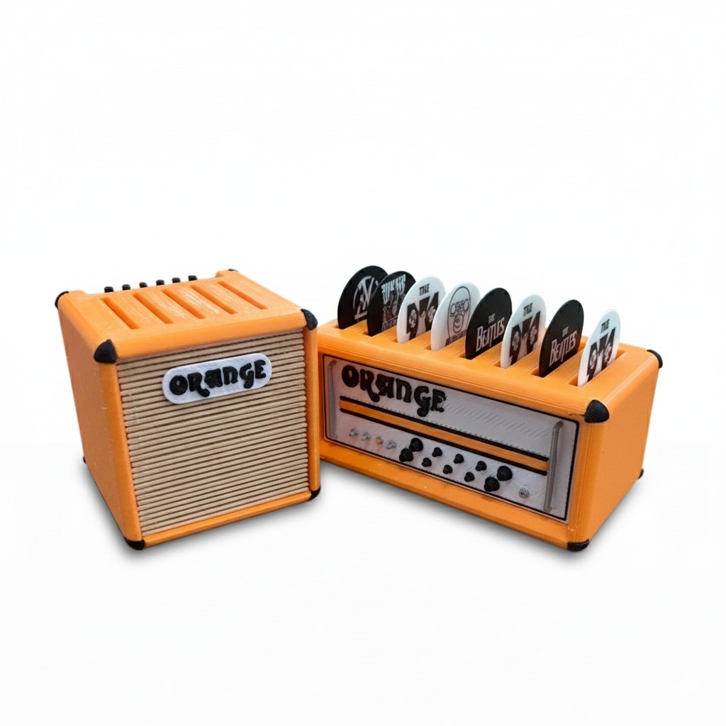 Kit Porta Palheta Orange Mini Amplificador Música Guitar 3D