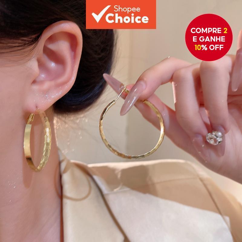 1 Par de Brincos de Ouro e Aço Inoxidável Gravados Circle Round Exclusivos para Senhoras e Meninas Hipoalergênicos em Oferta na Shopee