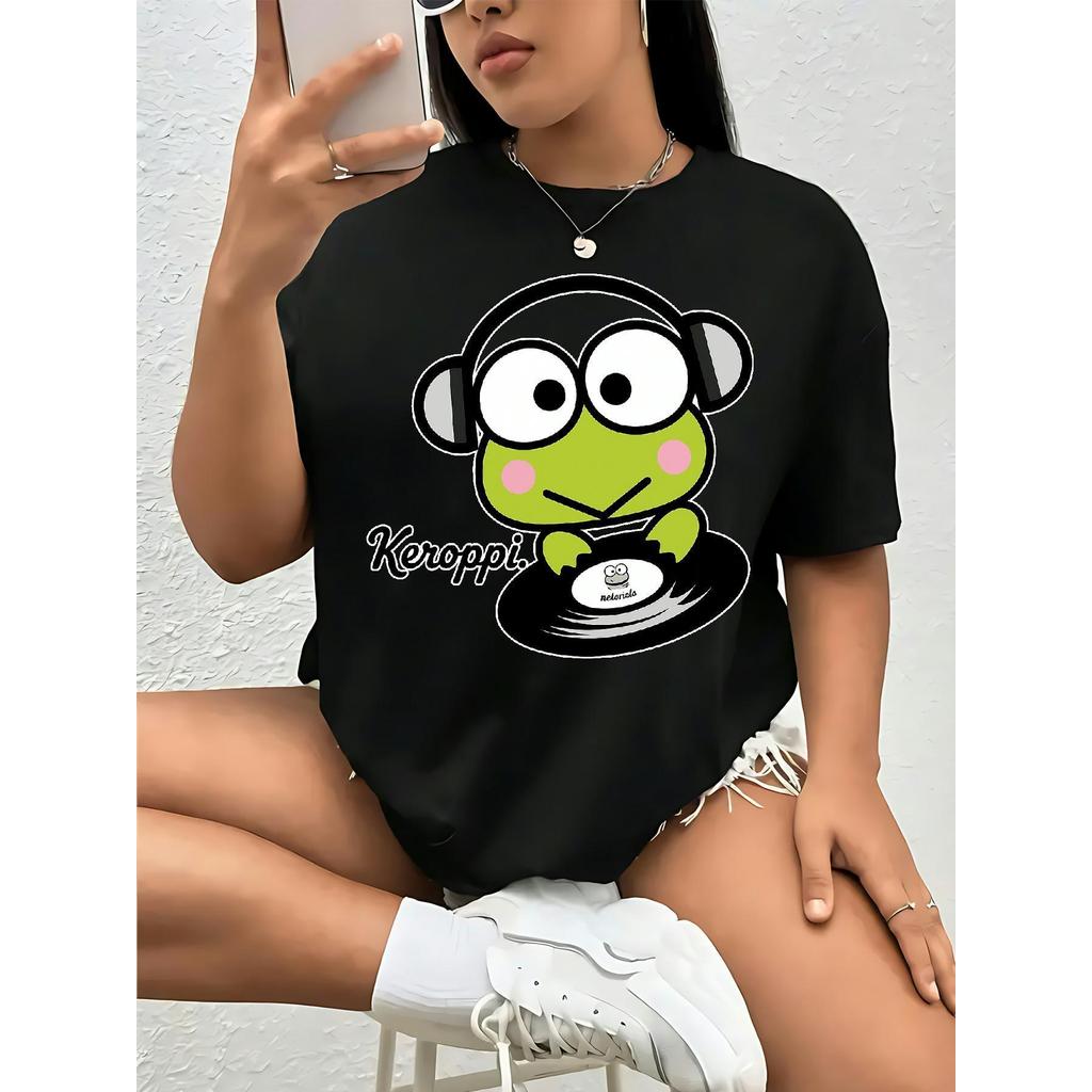 BR.Moonlight Camiseta Feminina Plus Size Sanrio Keroppi DJ Turntable Sapo Verde Confortável Divertida Estilosa Primavera