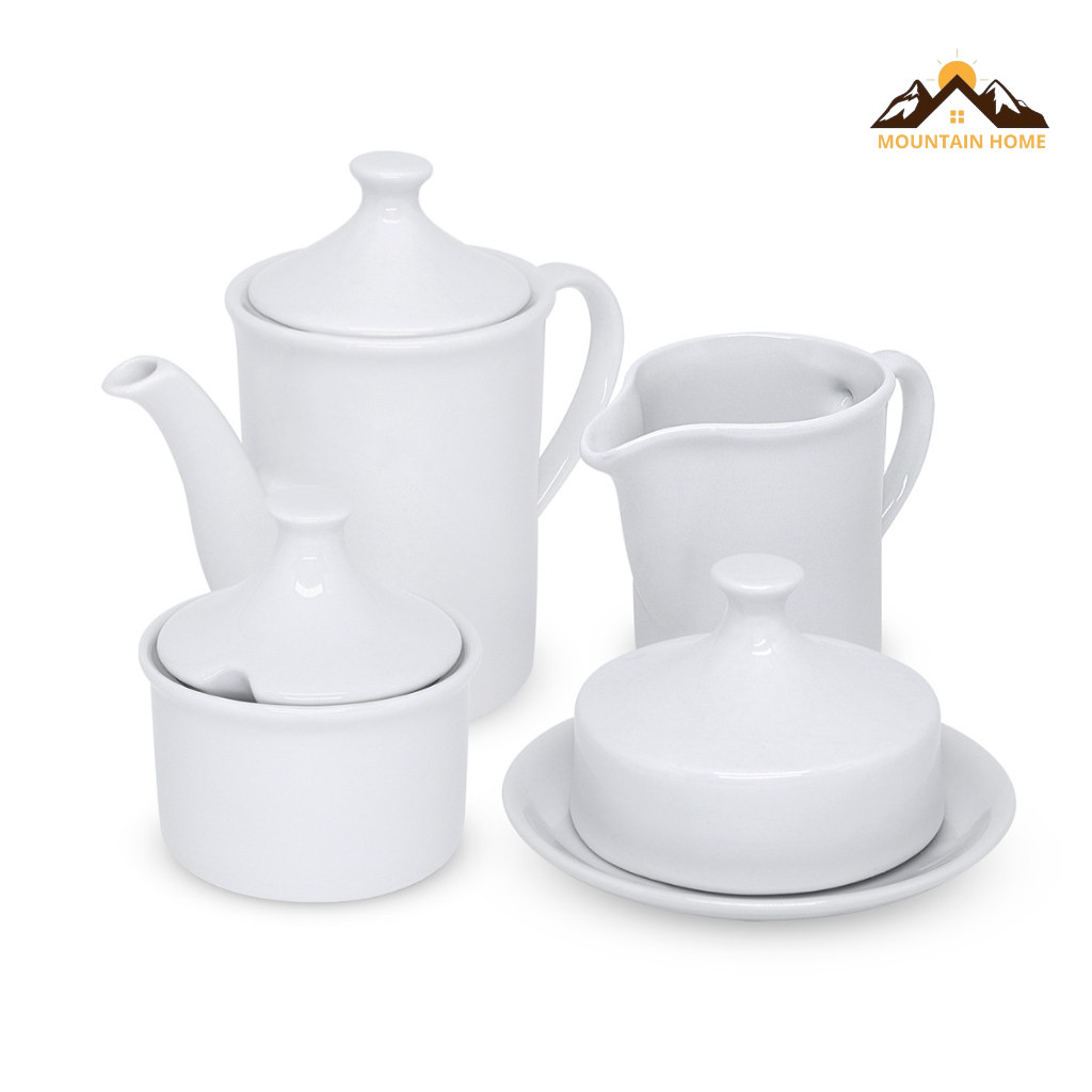 Conjunto 4 Peças Kit Chá Café Porcelana Mesa Posta Bule Leiteira Açucareiro Manteigueira