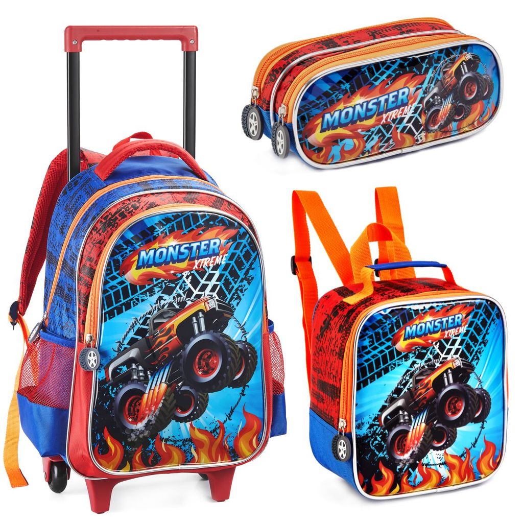 Kit Mochila Rodinha Lancheira Estojo Duplo Escolar Infantil Menino Carro Monster Xtreme
