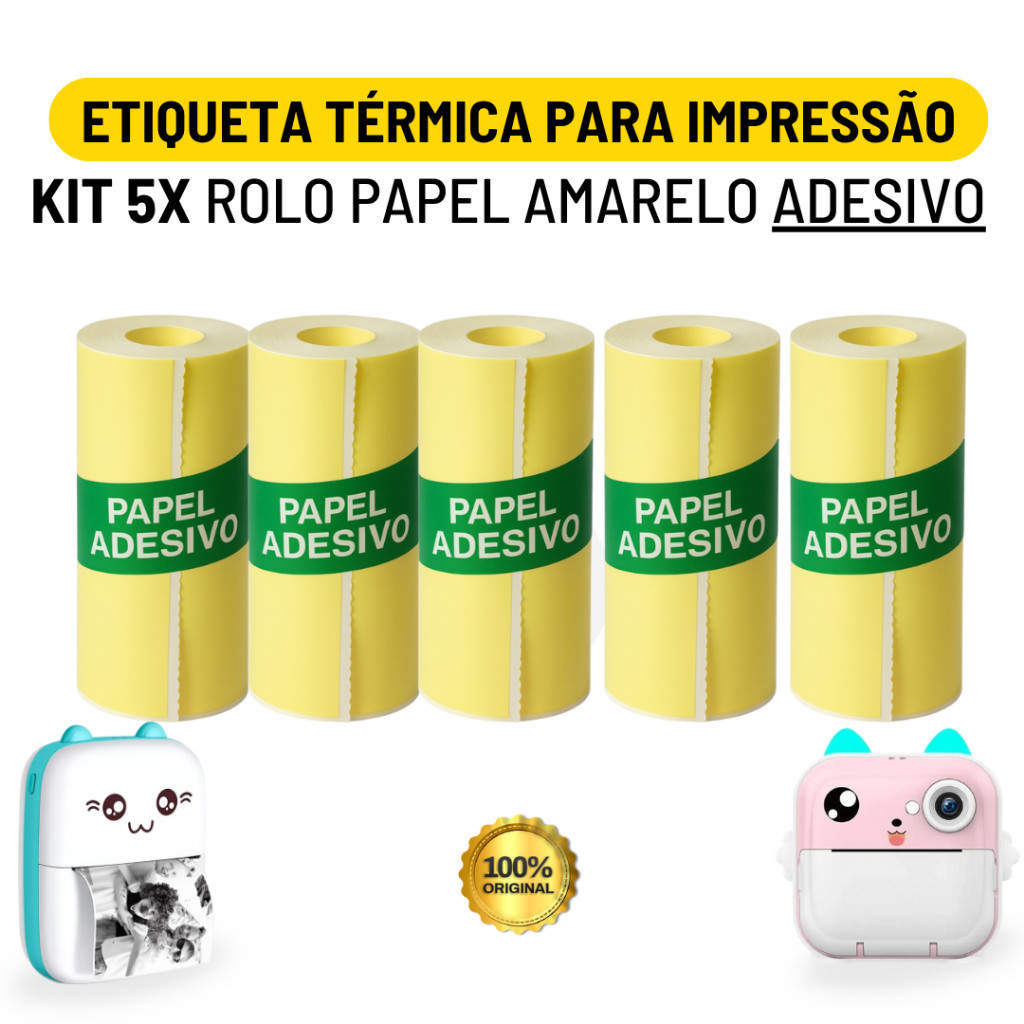 Kit 5 Bobina Etiqueta Térmica Adesiva 57mm Rolo Amarelo Para Mini Impressora Portátil | Envio Imediato em Oferta na Shopee