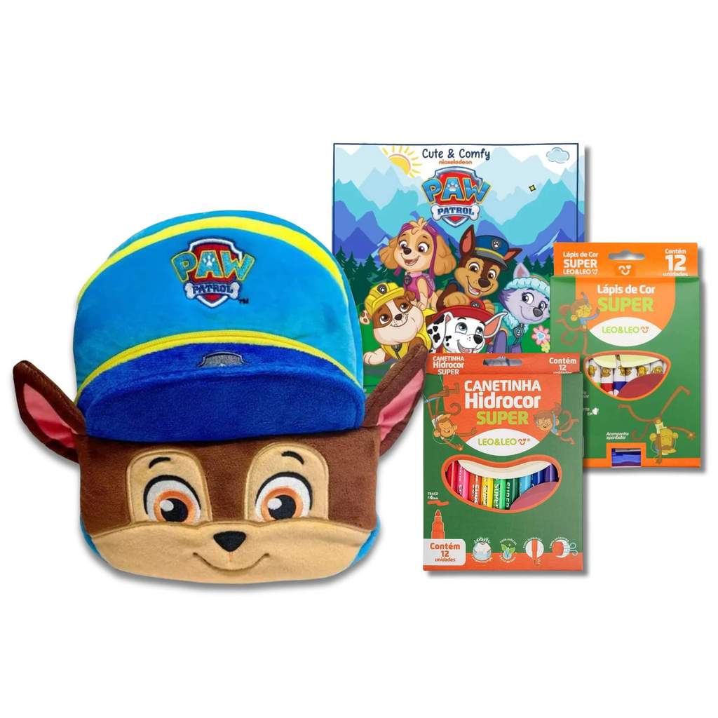 Kit Escolar Patrulha Canina Chase - Mochila, Lápis 12 Cores, Hidrocor e Livro de Colorir