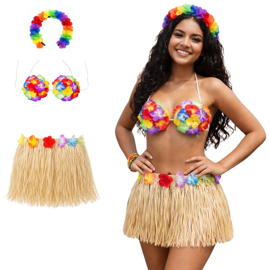 Kit Fantasia Feminina Havaiana Hula Hula Luau Sutiã Saia Tiara Carnaval Florida Adulta Festa