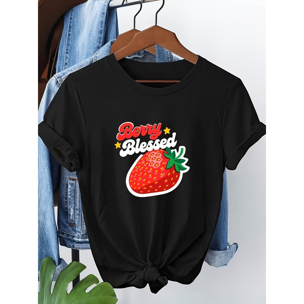 Camiseta Morango Berry Estrela Padrão Fruta Colorida Confortável Divertida Linda Verão