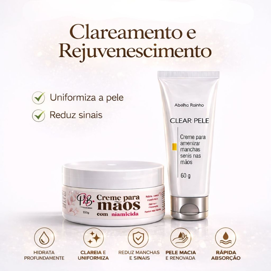 Combo Creme Para Maos Anti Manchas Niacinamida Resultado Visivel Pele Clara P&B Cosmeticos Beauty