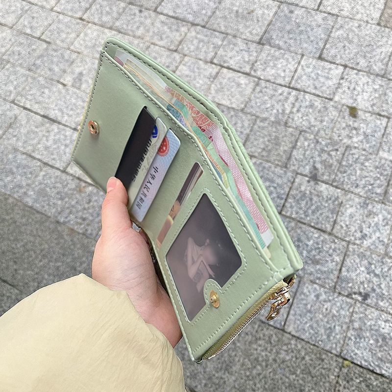 Porta-cartões pequeno~Carteira curta feminina, estilo estudantil, moderna, dobrável, simples, artística, com fecho, text