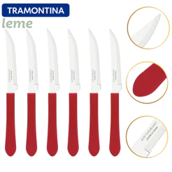 Kit Faca de Mesa Churrasco 6 peças Tramontina Leme Lamina Inox Cabo Polietileno Vermelha