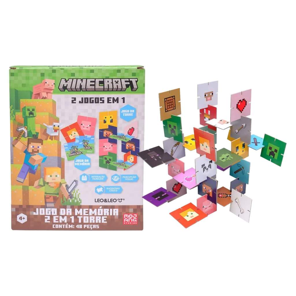 Jogo da Memória 2 em 1 Torre Minecraft 48 Peças Caixa Leo&Leo Leonora - 10657