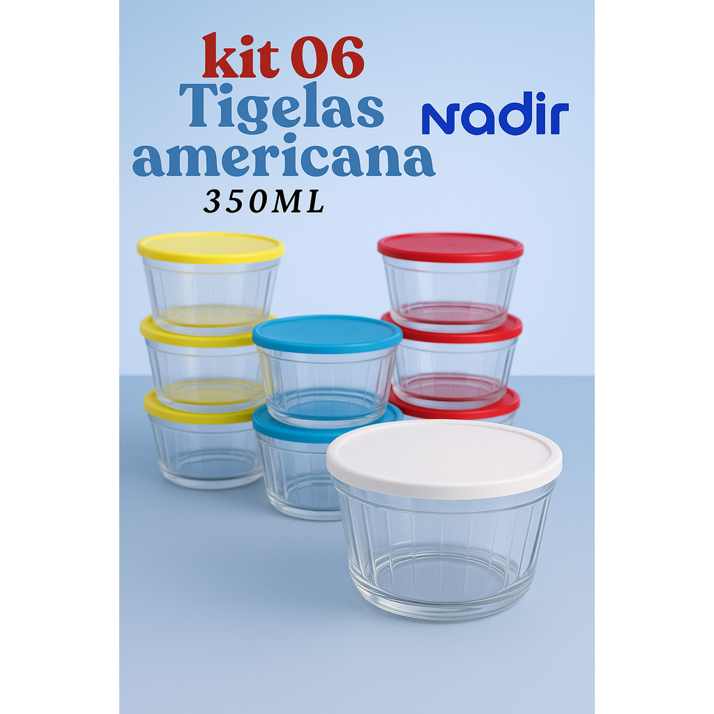 Kit 06 Tigela 350ml Americana Marinex Vidro Com Tampa Colorida Armazenamento Pote Nadir