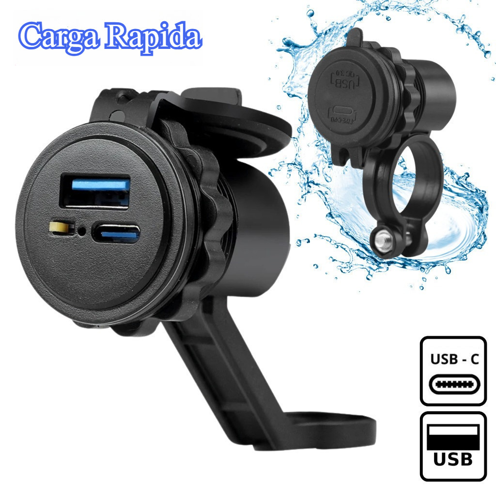 Carregador para Moto Carga Rápida 3.1A c/ Interruptor Impermeável/Porta USB e Type-C p/Motocicleta em Oferta na Shopee
