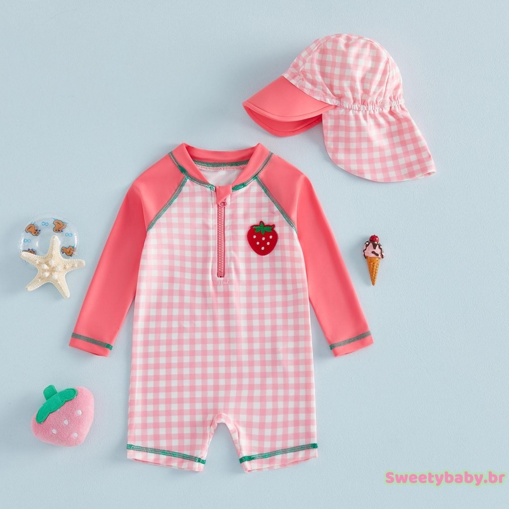 [CoRn] Maiô Infantil Feminino Rash Guard Com Bordado De Morango E Estampa Xadrez De Manga Comprida Chapéu De Sol