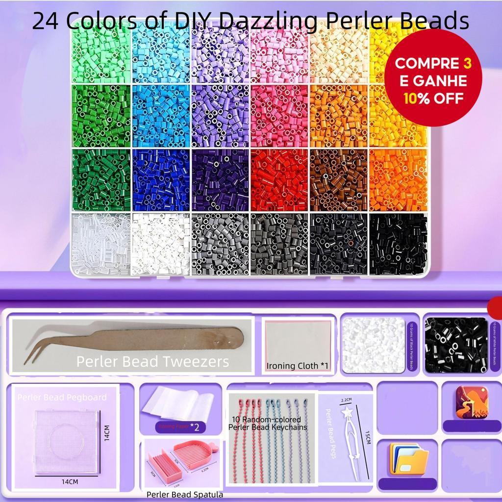 Perler Beads 24 Cores +8400 Peças, Kit Pixel Art DIY Brinquedo de Ferro com Chaveiros e Ferramentas para Festa Infantil