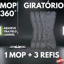 Mop Esfregão Giratório 360° com Torção Refil Microfibra Multiuso Cabo Inox Para Piso Cozinha