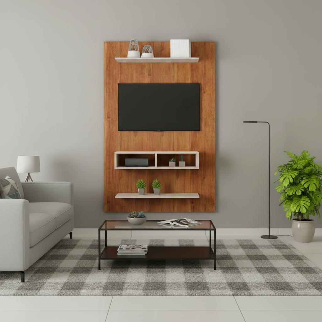 Painel Moderno para TV Até 50" com Nicho e Prateleiras Repleta