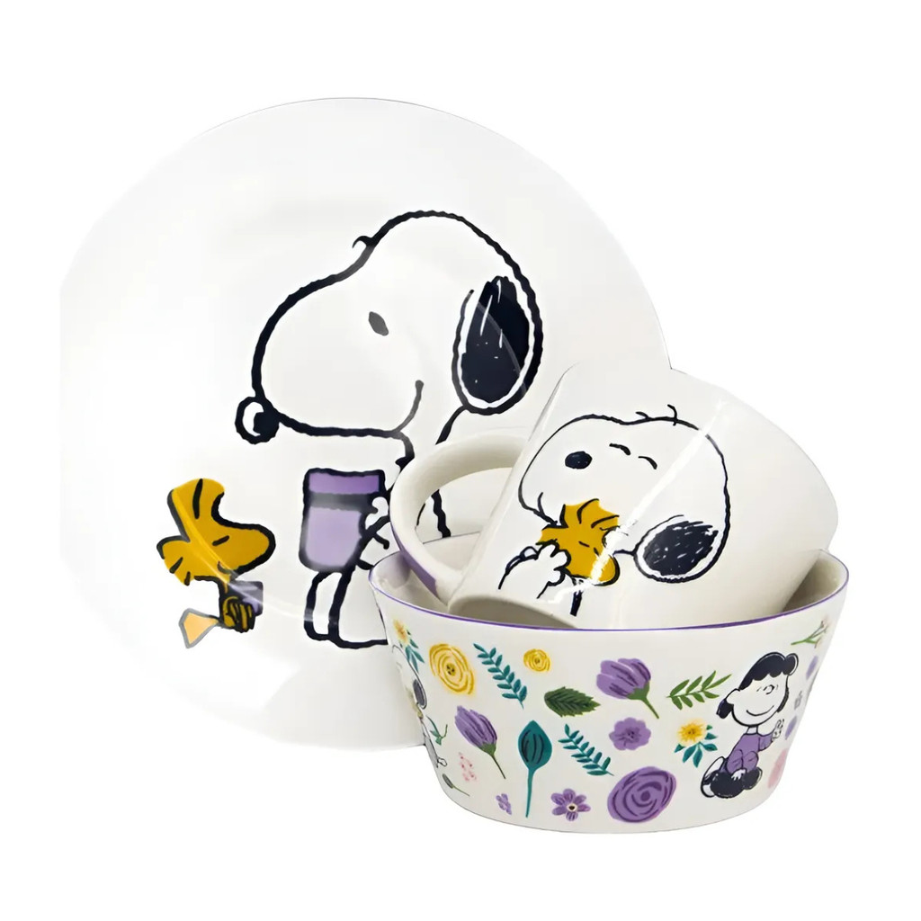 Kit Prato Bowl Caneca Snoopy Breakfast Café Da Manhã Branco