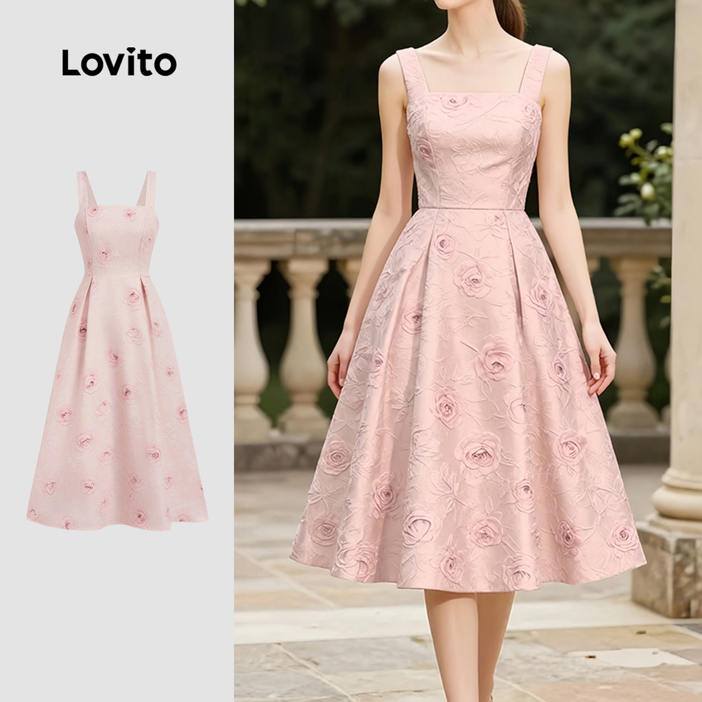 Lovito Vestido Romântico Plissado Linha Estrutural Rosa Primavera/verão para mul