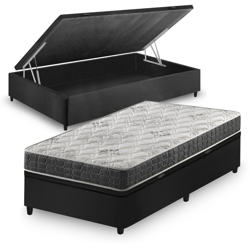 Cama Box Baú Solteiro Preto + Colchão Espuma D33 Ortopédico Zidi San Francisco 88x188x59cm