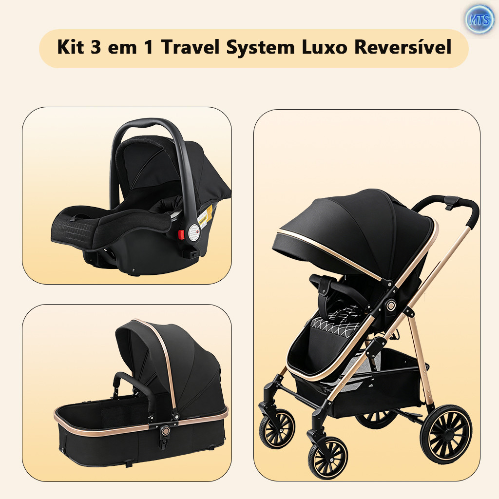 Kit 3 em 1 Carrinho Luxo + Bebê Conforto + Moisés | Travel System Passeio Reversível | Completo para Recém-Nascido