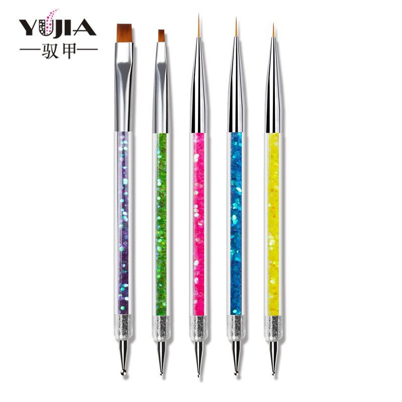 Conjunto de 5 peças de canetas de arte para unhas de dupla ponta: caneta pontilhadora com glitter, caneta de gel de pont
