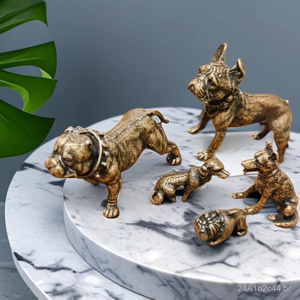 Cão feroz banhado a cobre, cão local campestre, estatueta de Bulldog Francês, peça de micro-escultura em bronze antigo,