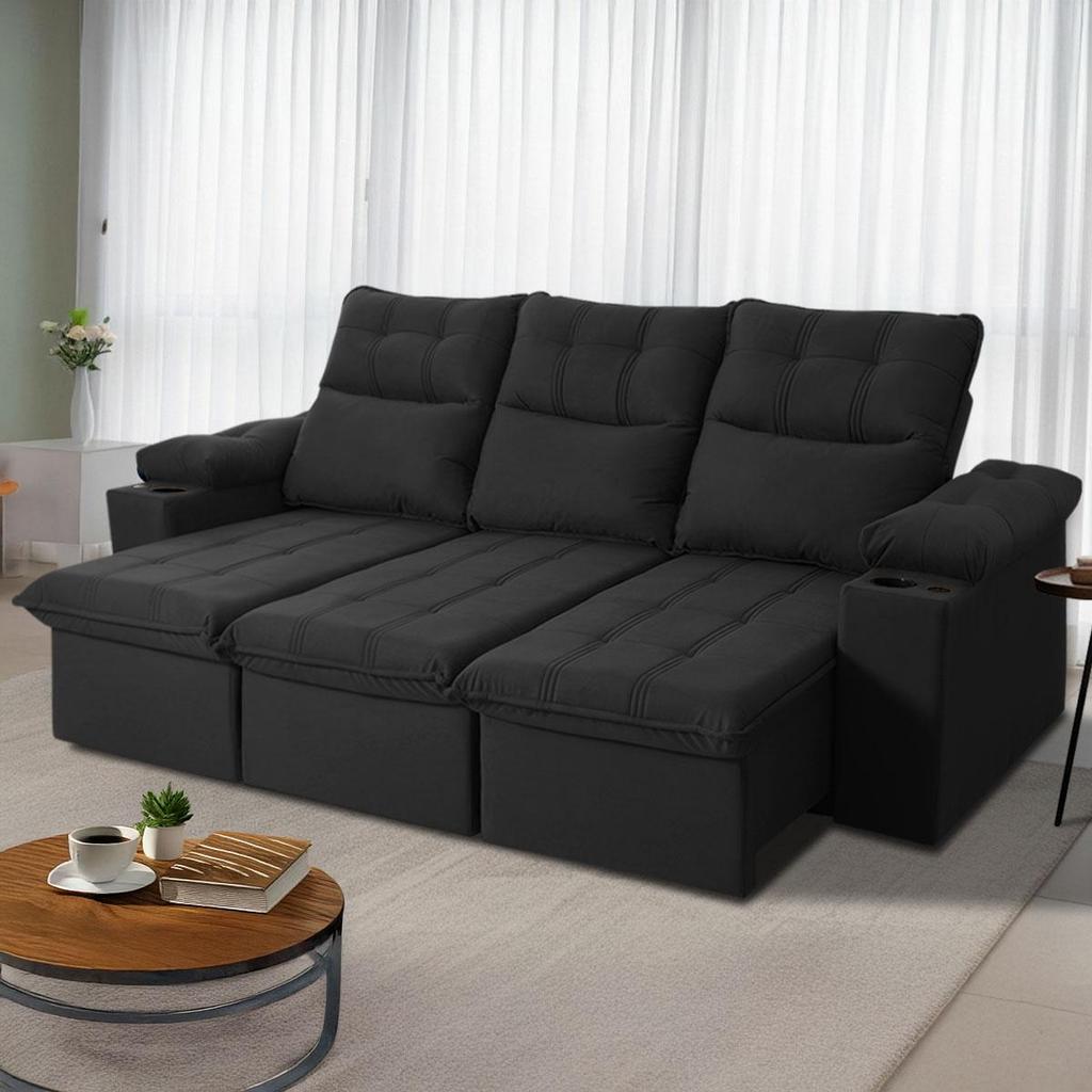 Sofá Retrátil Reclinável Verona USB + Porta Copo 2,30m Suede Velut Preto c/ Molas no Assento - King House