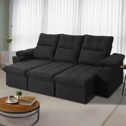 Sofá Retrátil Reclinável Verona USB + Porta Copo 2,30m Suede Velut Preto c/ Molas no Assento - King House
