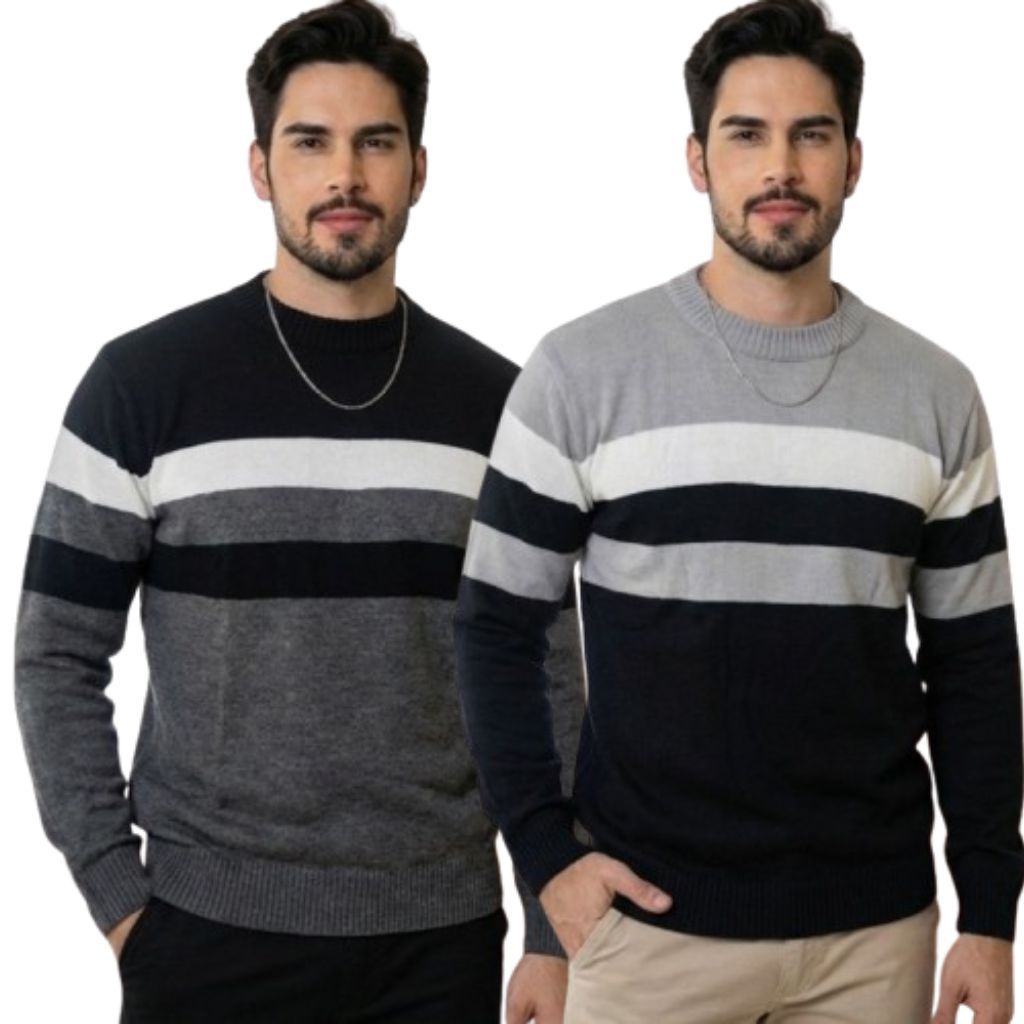 Kit 2 Blusa Manga Longa Masculina  Gola Redonda Suéter Tricot Listrado