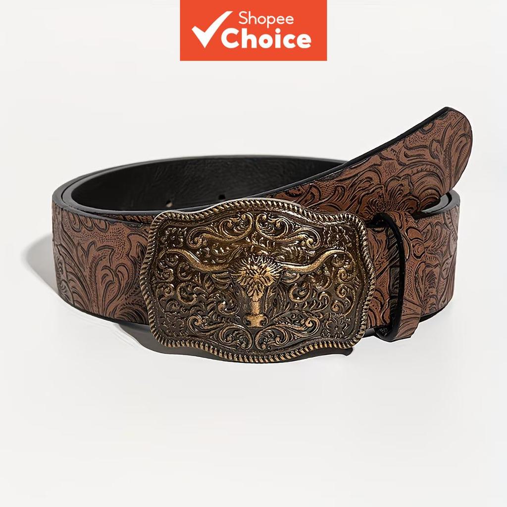 Cinto feminino/masculino unissex estilo western cowboy, com design clássico em estampa marrom
