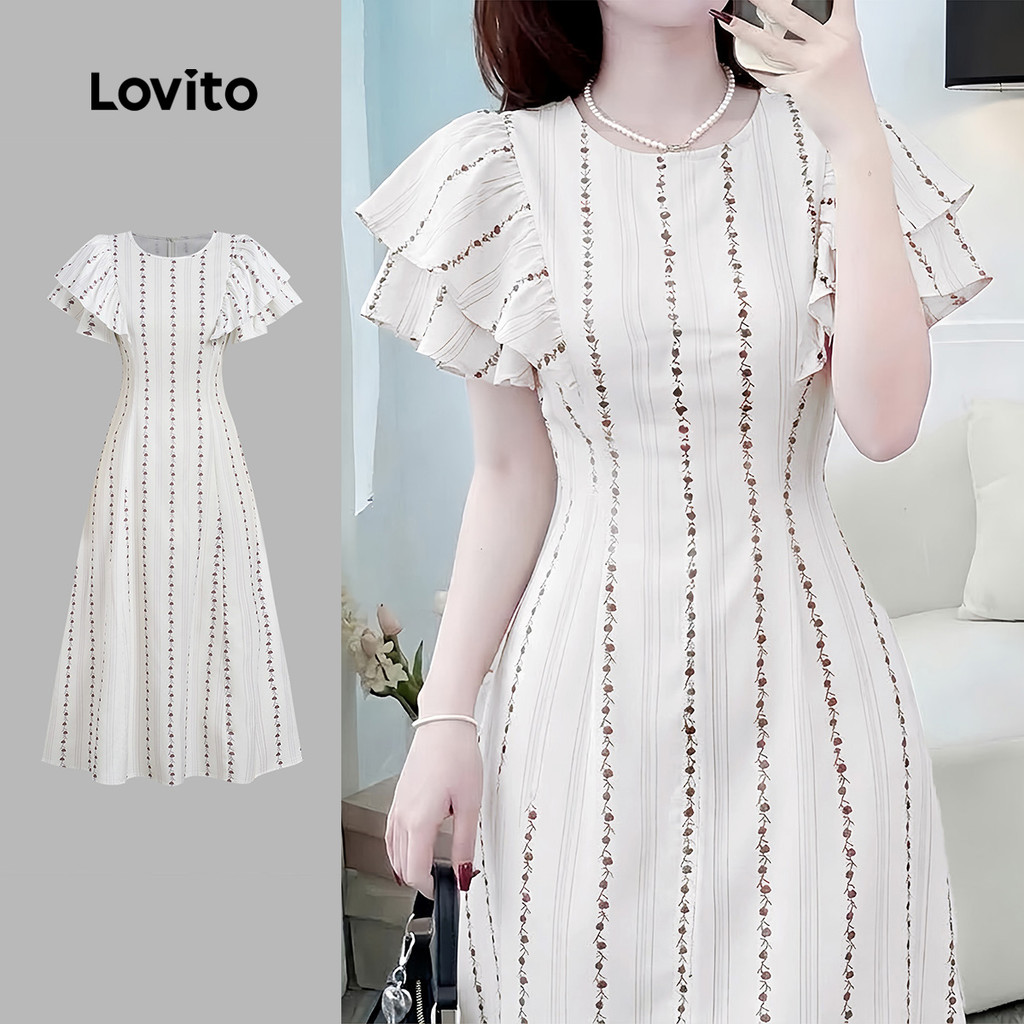 Lovito Vestido Elegante com Babados Estampa e Zíper Vestido de Primavera/verão para Mulheres LBL35015