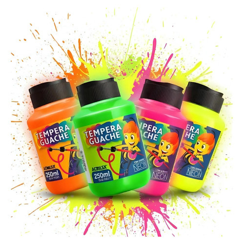 Kit Tinta Guache Neon Acrilex 4 Cores 250ml Escolar Original Colorido