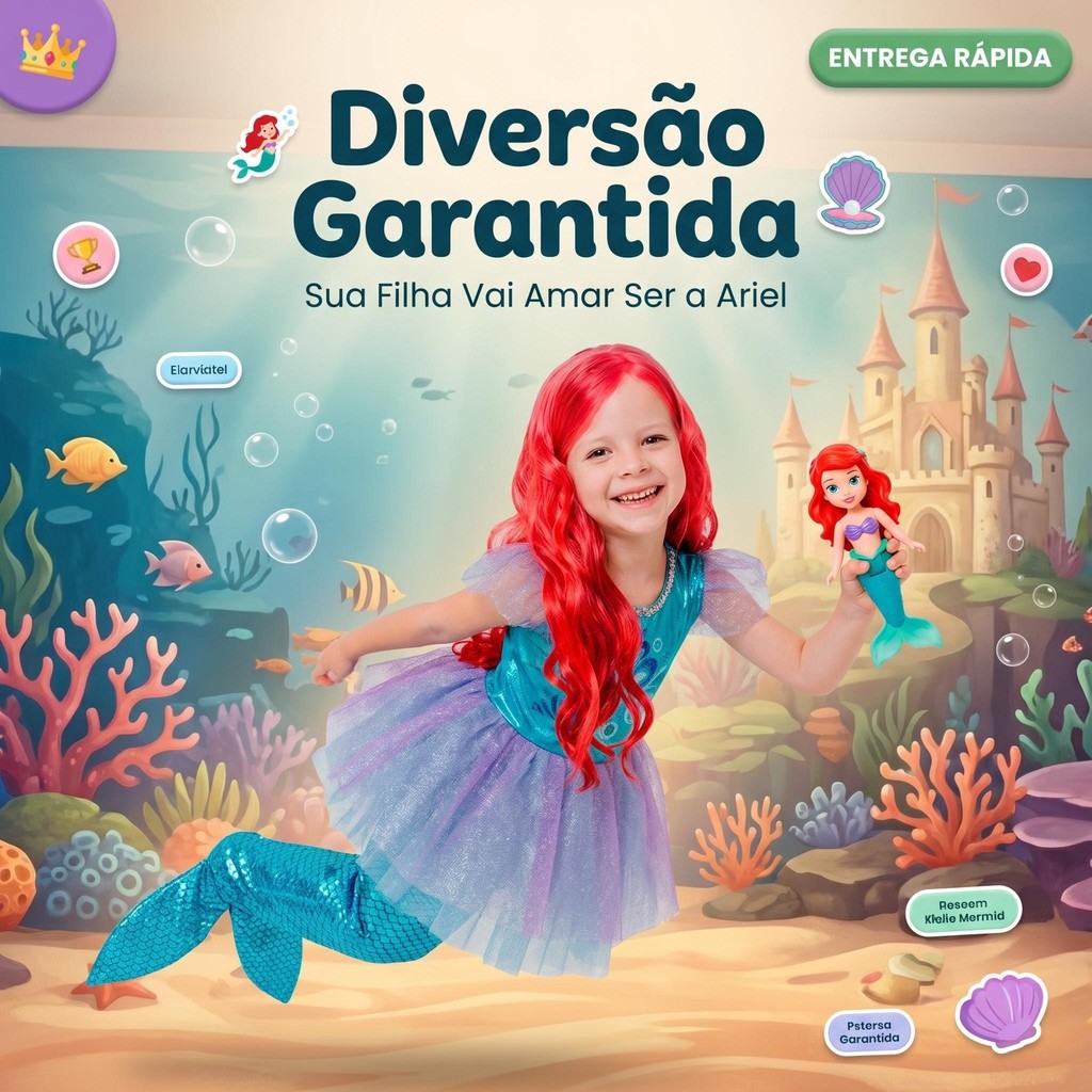 Kit Fantasia LUXO Sereia Ariel Princesa Vestido Festa + Calda Luxo