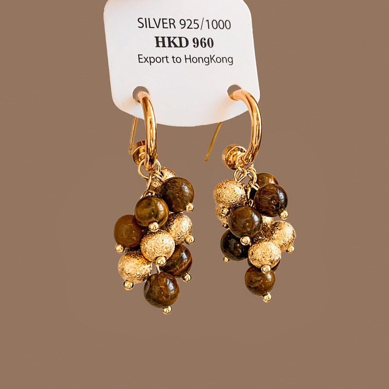 Brincos Pendentes Femininos Estilo Melado Boho Retro, Pedra Nat Olho de Tigre, Agulha de Prata 925, Banhado a Ouro 18k