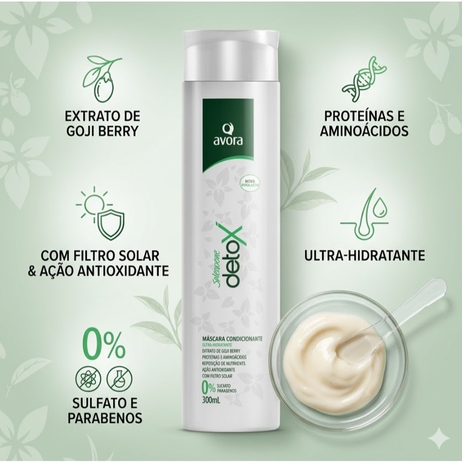 Máscara Avora Splendore Detox Ultra Hidratante 300ml - Hidratação Profunda e Brilho, Sem Sulfato