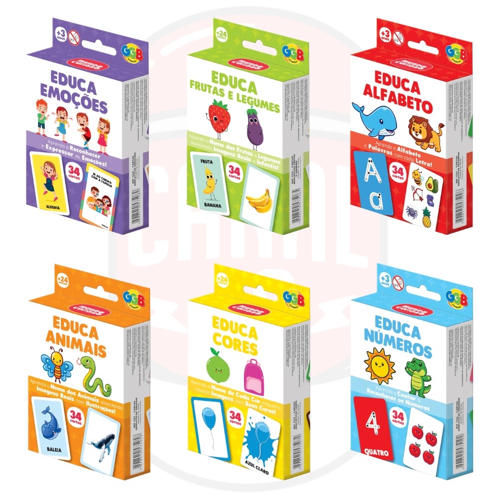 KIT 6 EM 1 DO JOGO EDUCA GGB BRINQUEDOS EMOÇÕES FRUTAS E LEGUMES ALFABETO ANIMAIS CORES NÚMEROS